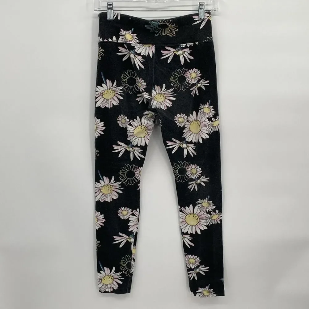 Justice Black Floral White Daisy Elastic Waist Leggings XL 16/18